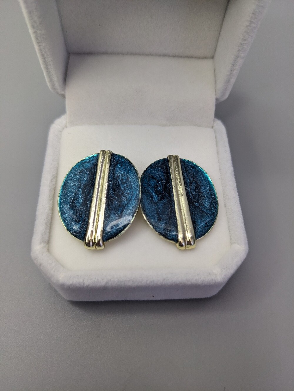 Vintage Teal Enamel Gold Tone Post Earrings Eighties Geometric Statement Jewelry